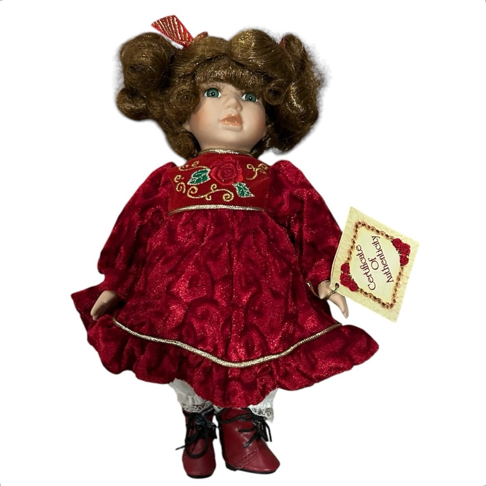 Vintage Collectors Choice Doll Christmas Rose Bisque Porcelain 11” Red Dress